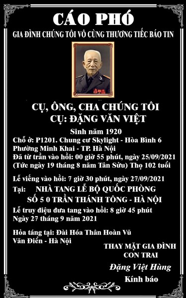 Cáo phó Cụ Ông ĐẶNG VĂN VIỆT - Vĩnh biệt  "Hùm xám đường số  4 - Trung tá Đặng Văn Việt